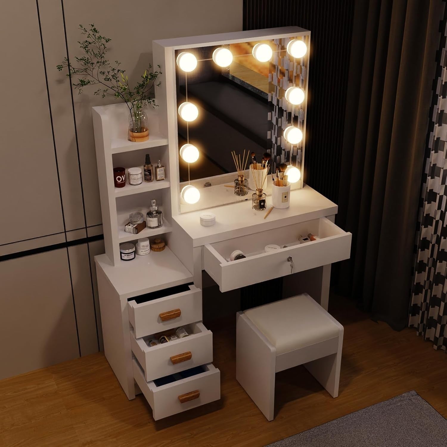 Vanity Set Makeup Desk White LED Mirror Sliding Storage Stool 4 Drawers Bedroom