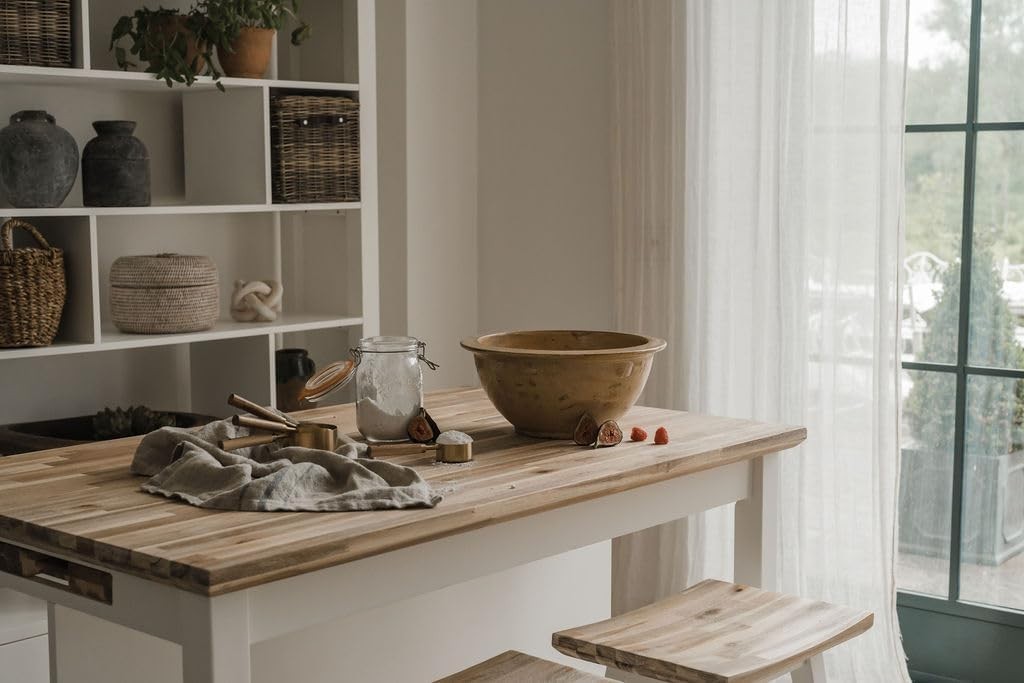 White Kitchen Island 126cm with Shelves, Hidden Tray & Acacia Wood Top Furniture