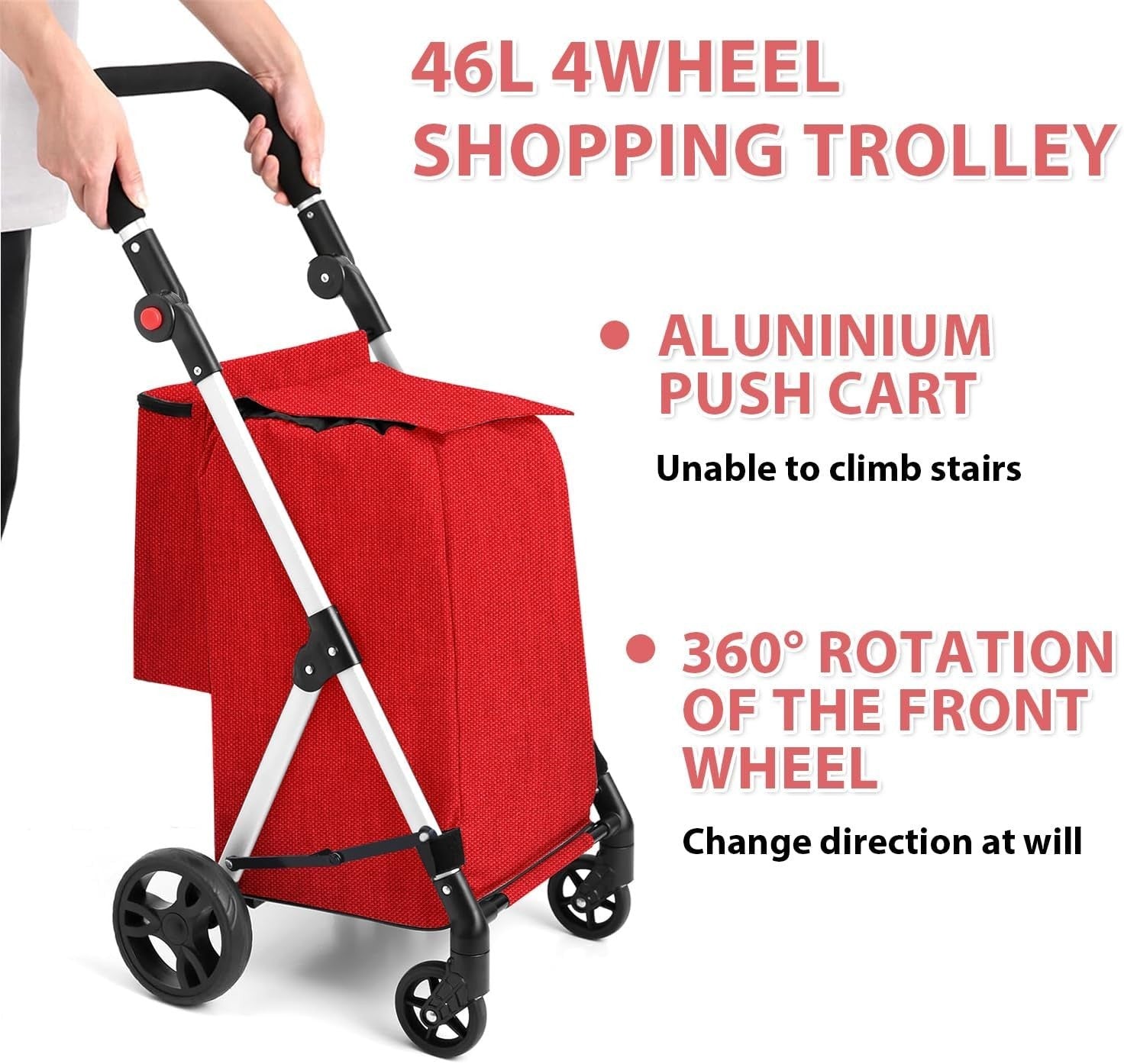 4 Wheel Grocery Shopping Trolley 46L | Foldable Aluminium Cart | Red