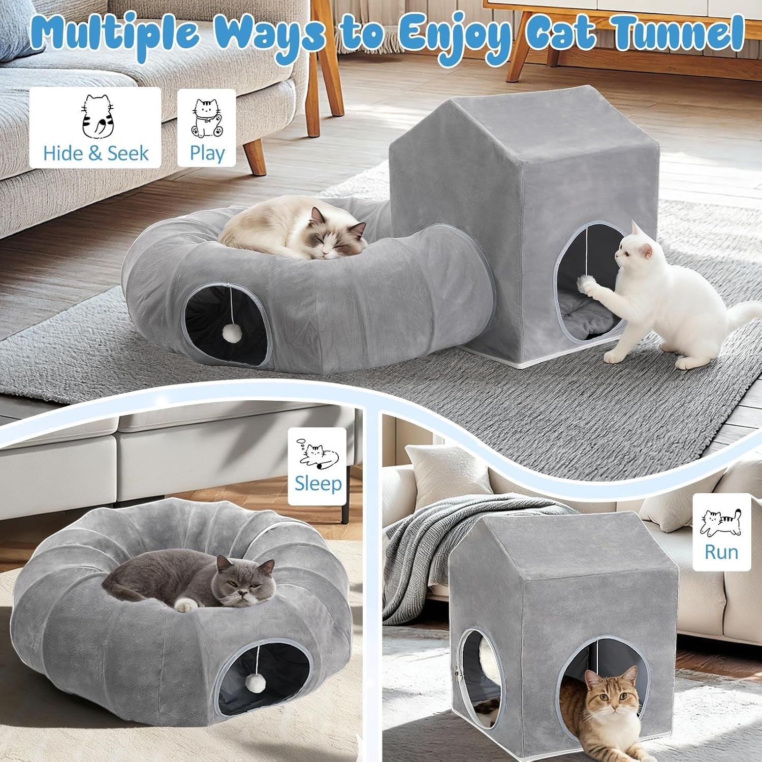 Cat Donut Tunnel Bed w Square House Peekaboo Play Cave Washable Gray