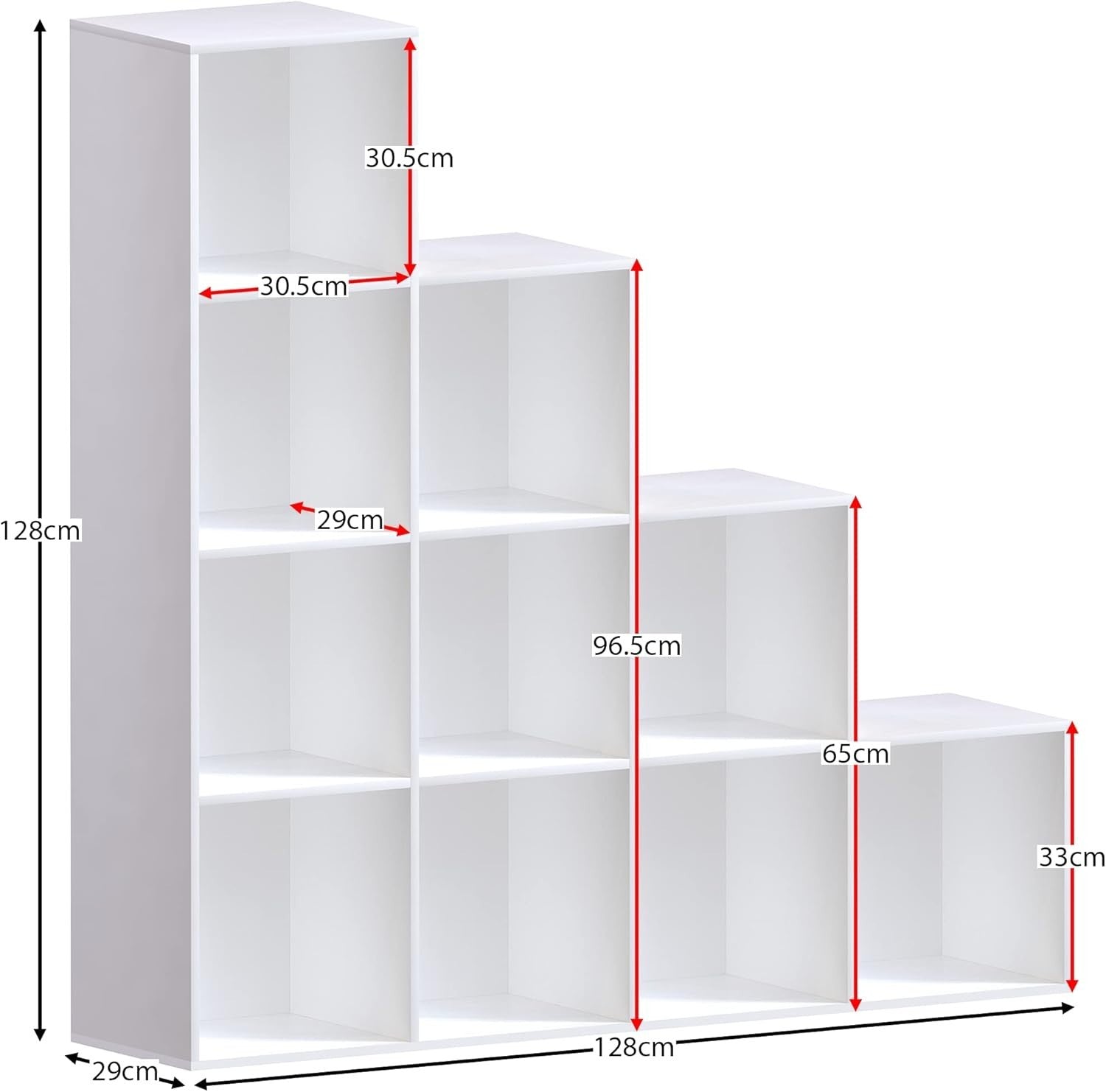 White 10 Cube Staircase Bookcase Storage Unit with 5 White Baskets – Modern