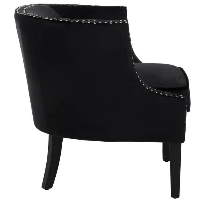 Black Velvet Studded Accent Chair with Foam Seat & Rubberwood Frame