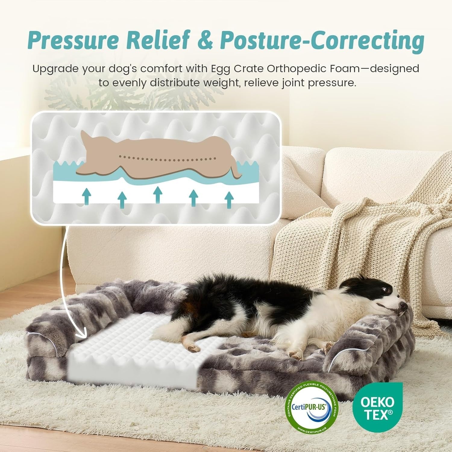 Large Orthopedic Dog Bed 91x68cm Faux Fur Sofa Washable