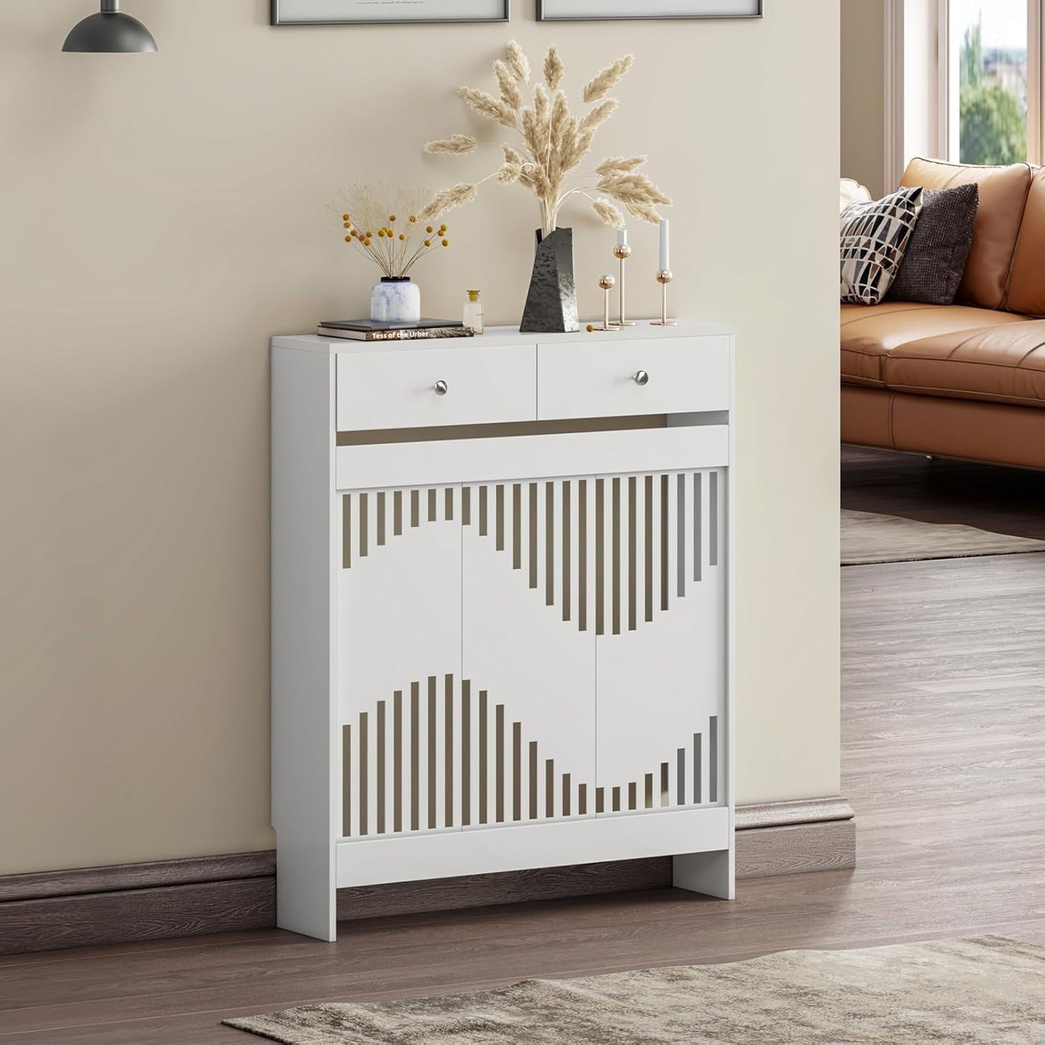 White Radiator Cover Cabinet with Drawers Modern MDF Storage Unit
