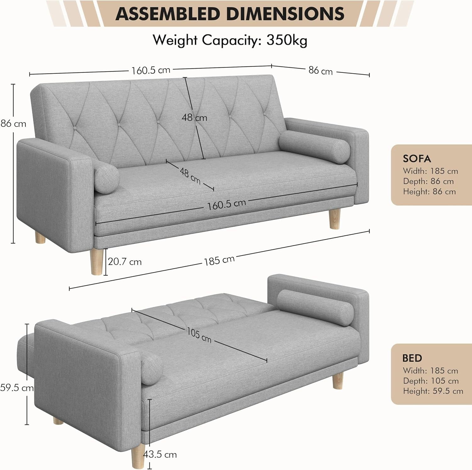 Light Grey 3 Seater Sofa Bed Click Clack Modern Couch with Pillows Small Space