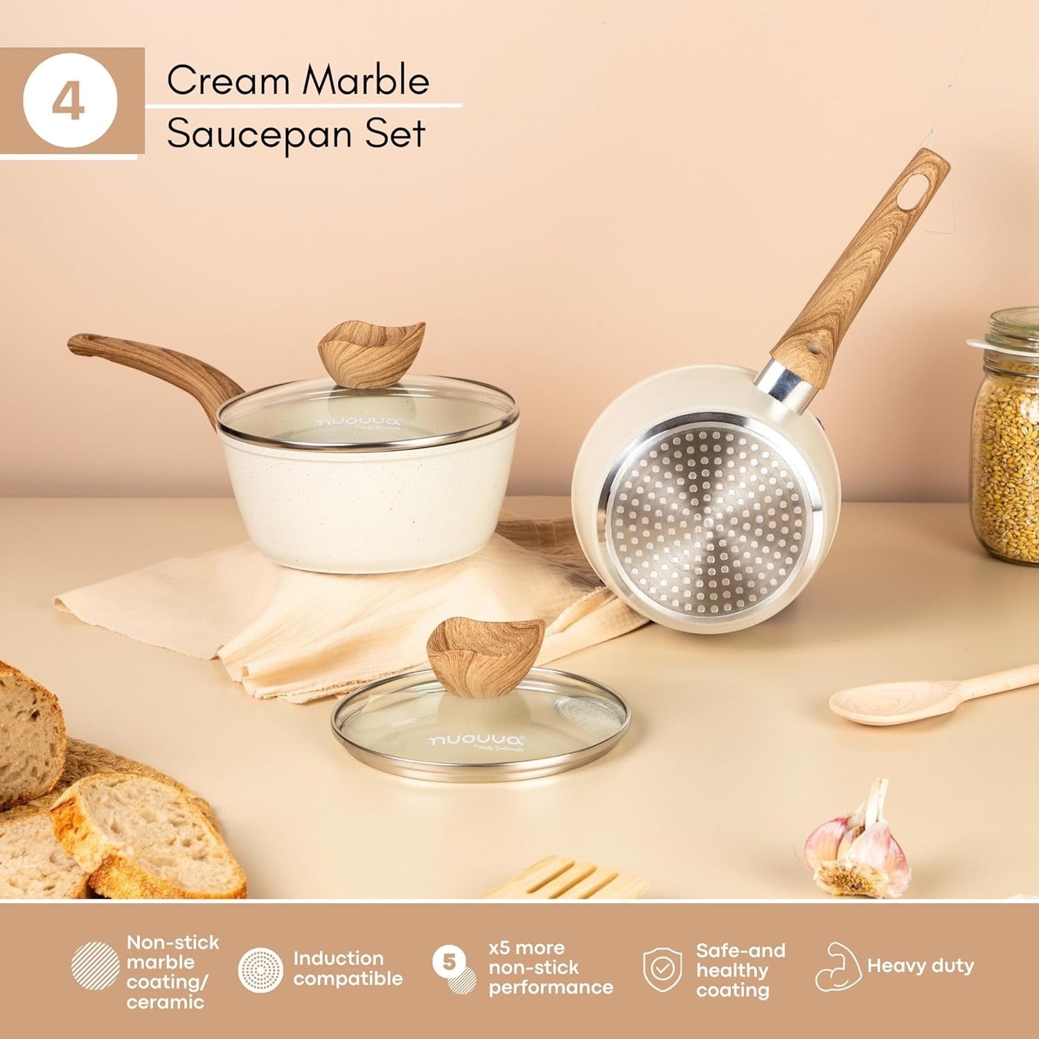 2pcs Cream Non-Stick  Saucepan Set with Lids 16cm & 18cm Induction Ready