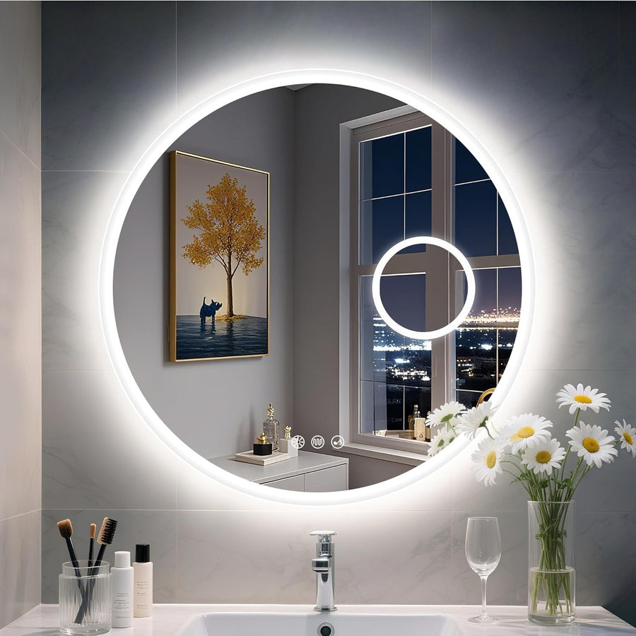 Bluetooth LED Bathroom Mirror 60x60cm with 5x Magnifier & Anti-Fog