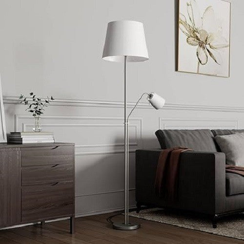 Modern Floor Lamp White Fabric Shade Standing Reading Light Satin Nickel