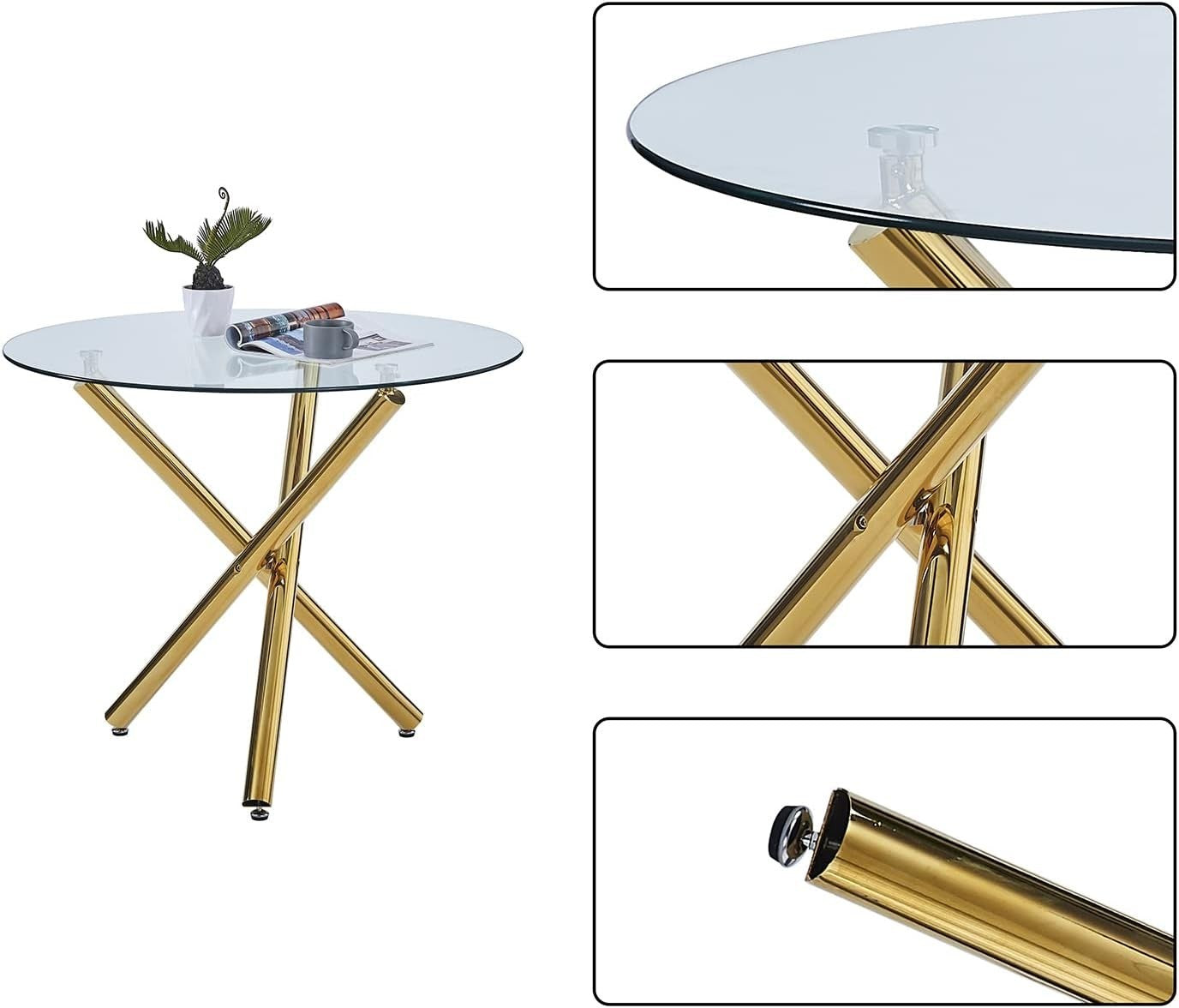 Modern Round Glass Dining Table Set with 4 Chairs | Gold Legs | Space Saving