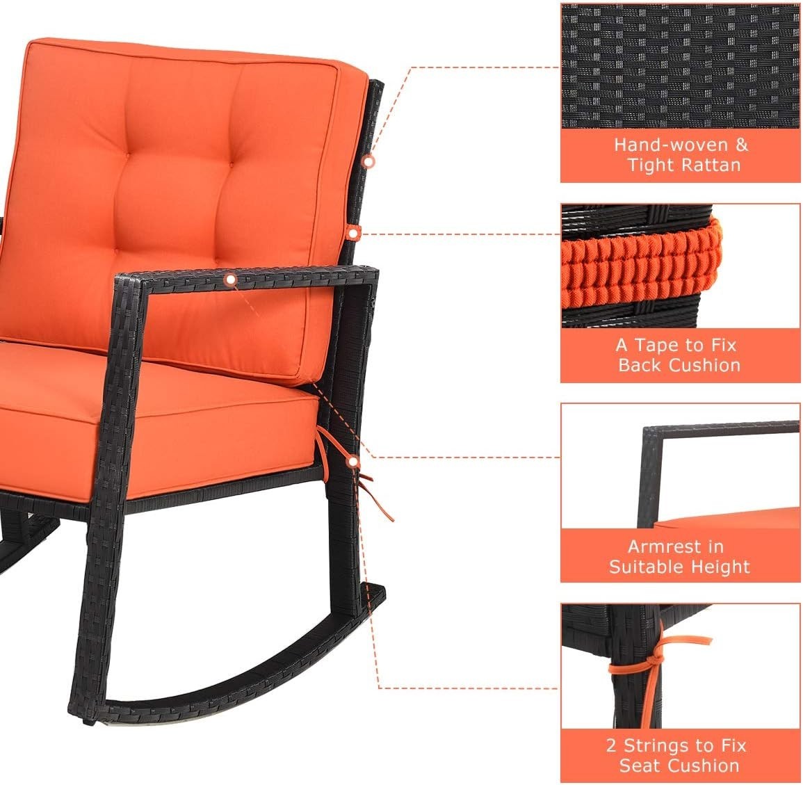 Outdoor Orange Rattan Rocking Chair with Cushions & Armrests Patio Glider