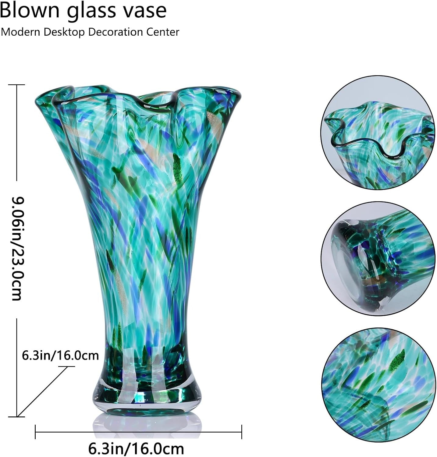 Teal Hand Blown Glass Vase Wide Mouth Flower Centerpiece Home Décor