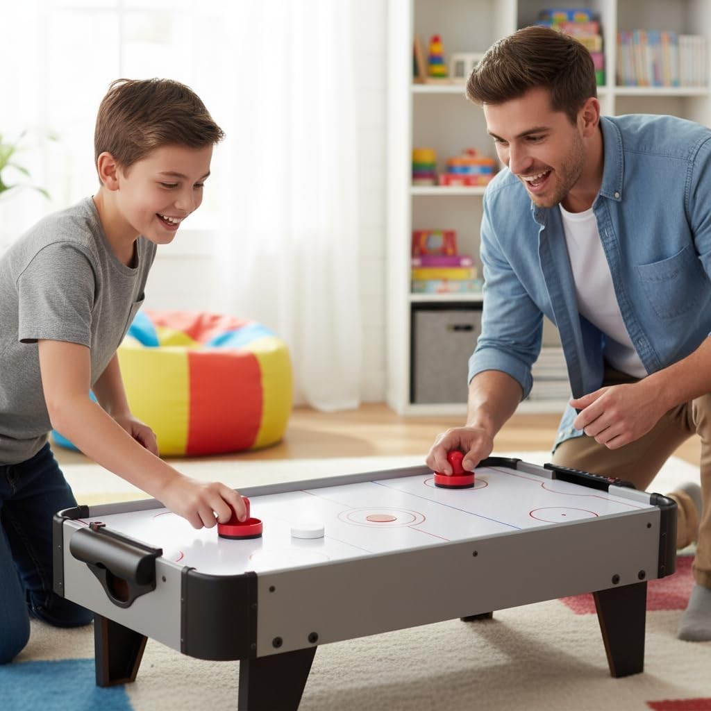 Electric Tabletop Air Hockey Game Plug In Arcade Style Kids Fun
