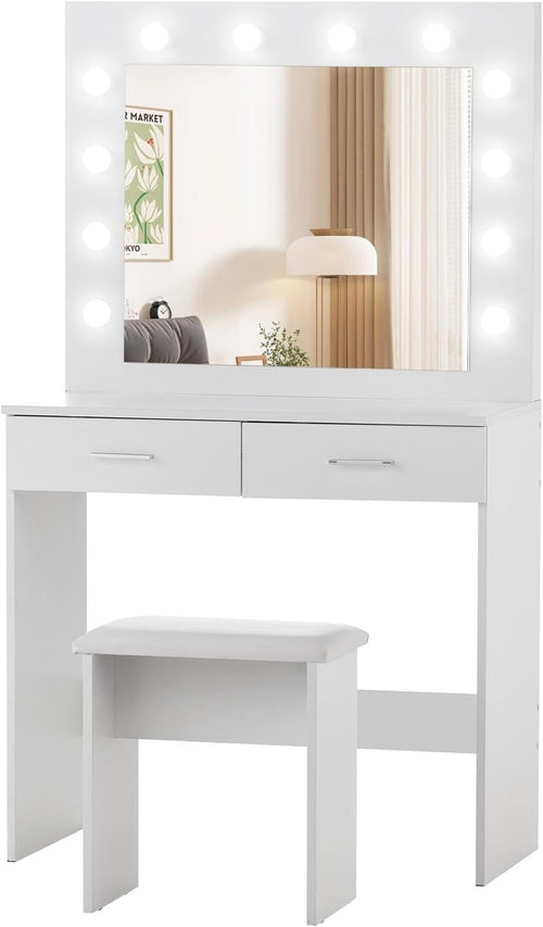 White LED Vanity Dressing Table Makeup Desk Stool Set 2 Drawers Storage Mirror