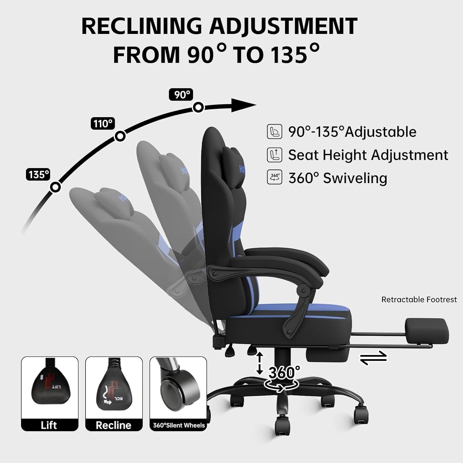 Gaming Chair w/ Footrest Massage Lumbar Recliner 300lbs