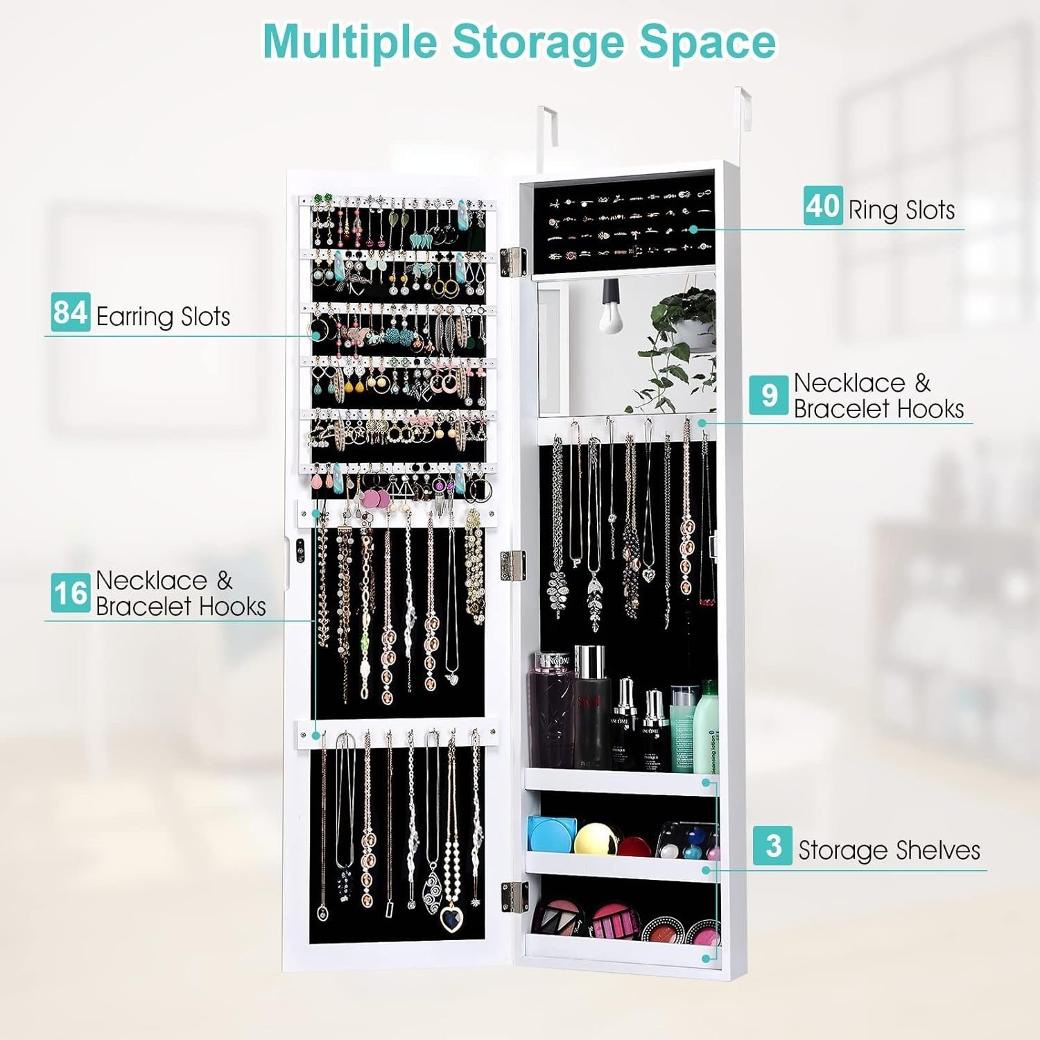 Wall Mounted Jewelry Cabinet Full Length Mirror Hanging Organizer White