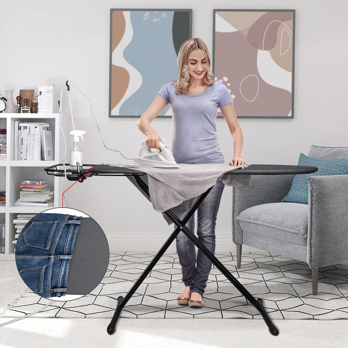 Extra Wide Ironing Board with Sleeve Board Adjustable Height Foldable Black