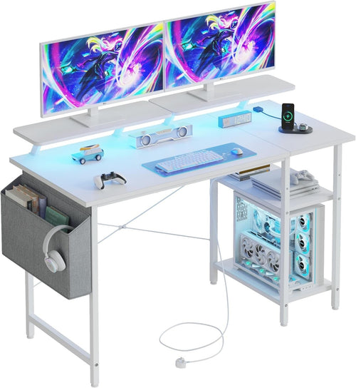 White LED Gaming Desk 100x50cm w/ Power Outlets, Dual Monitor Stands