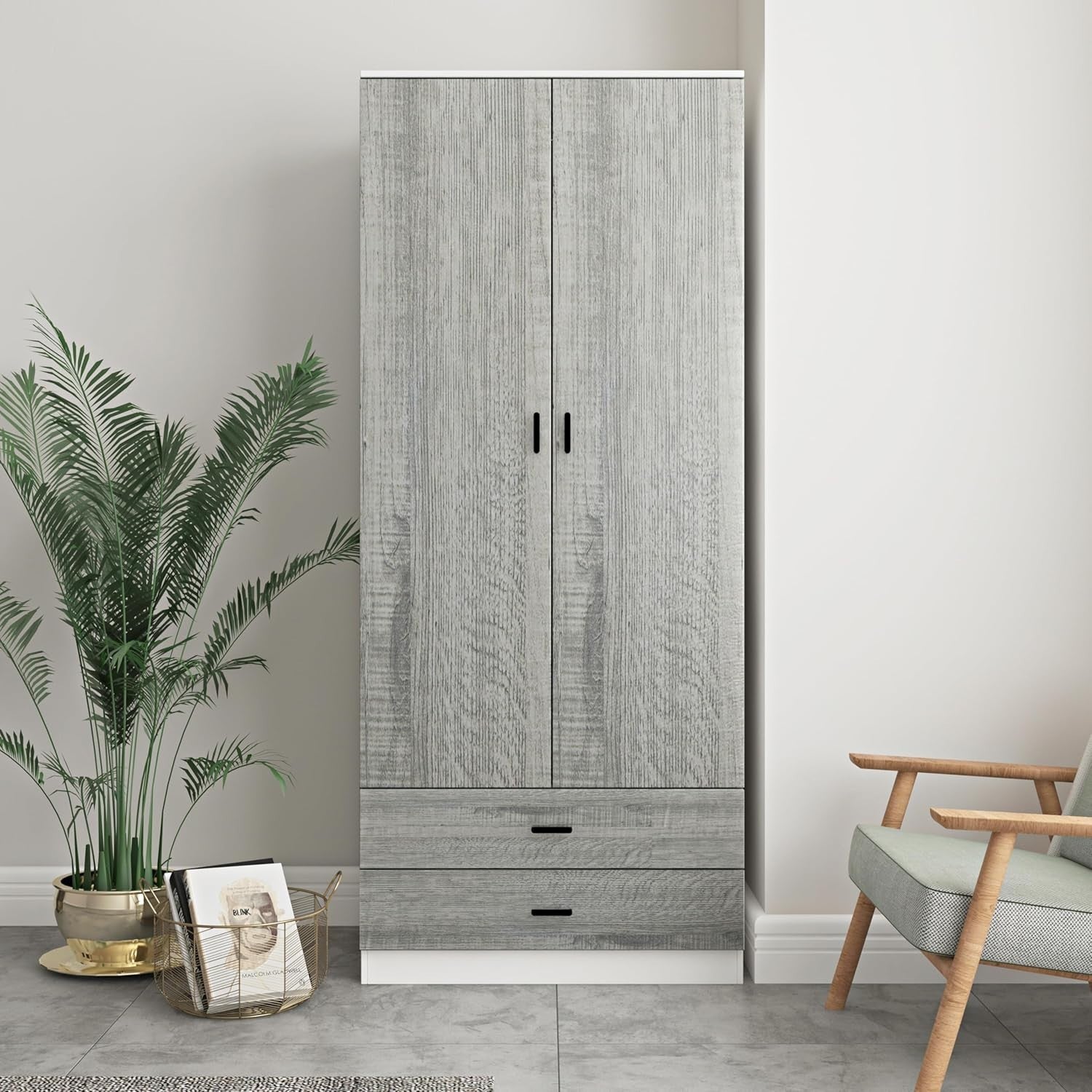 Tall 2 Door Wardrobe Ash Grey Drawers Hanging Rail Storage Cupboard