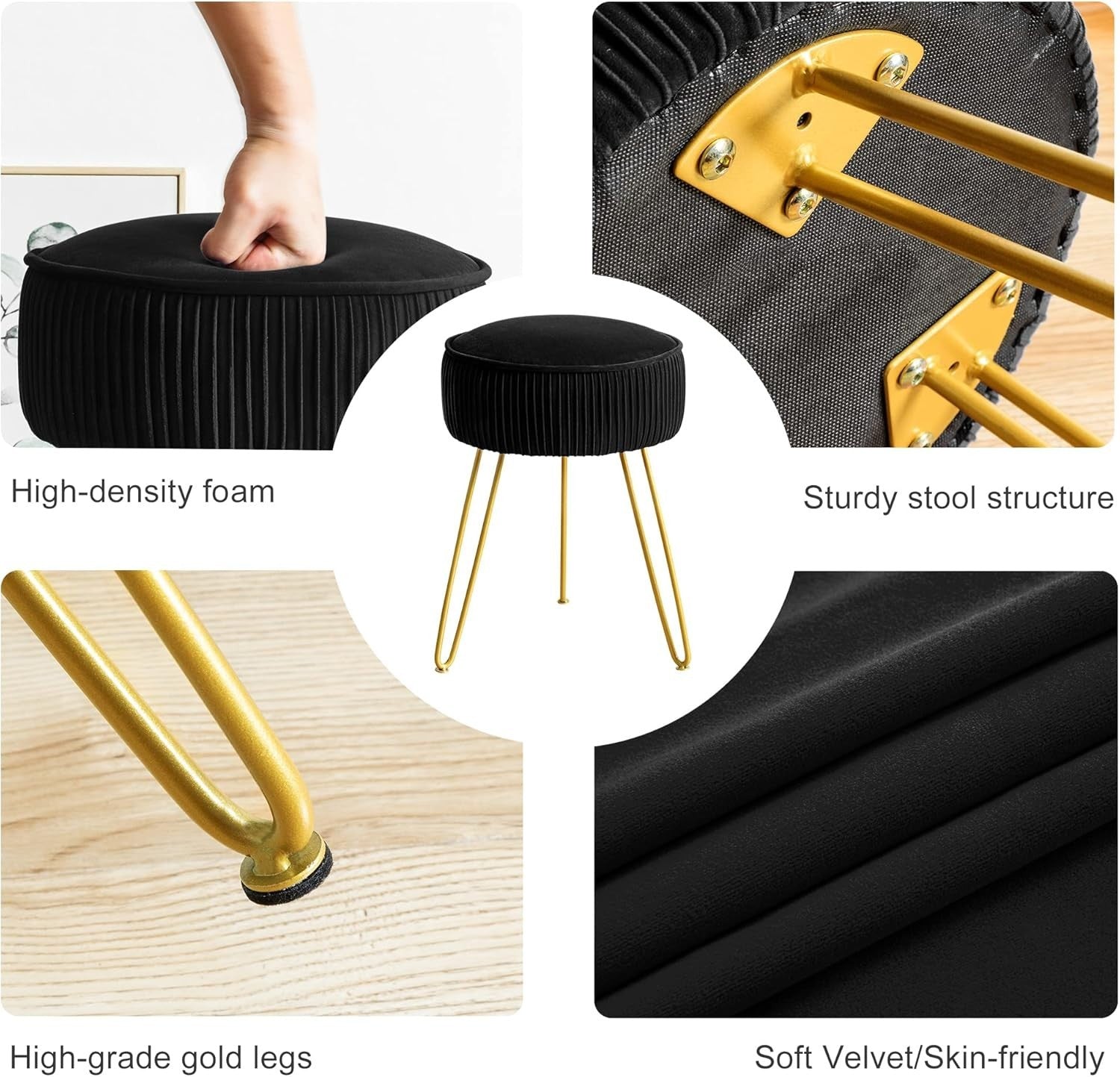 Black Velvet Pleated Vanity Stool Round Ottoman with Gold Metal Legs