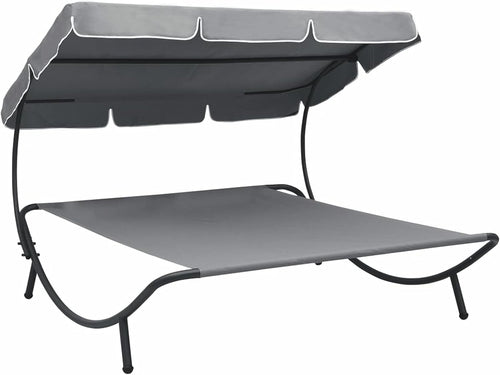 Outdoor Double Sun Lounger with Canopy Weatherproof Patio Daybed Grey