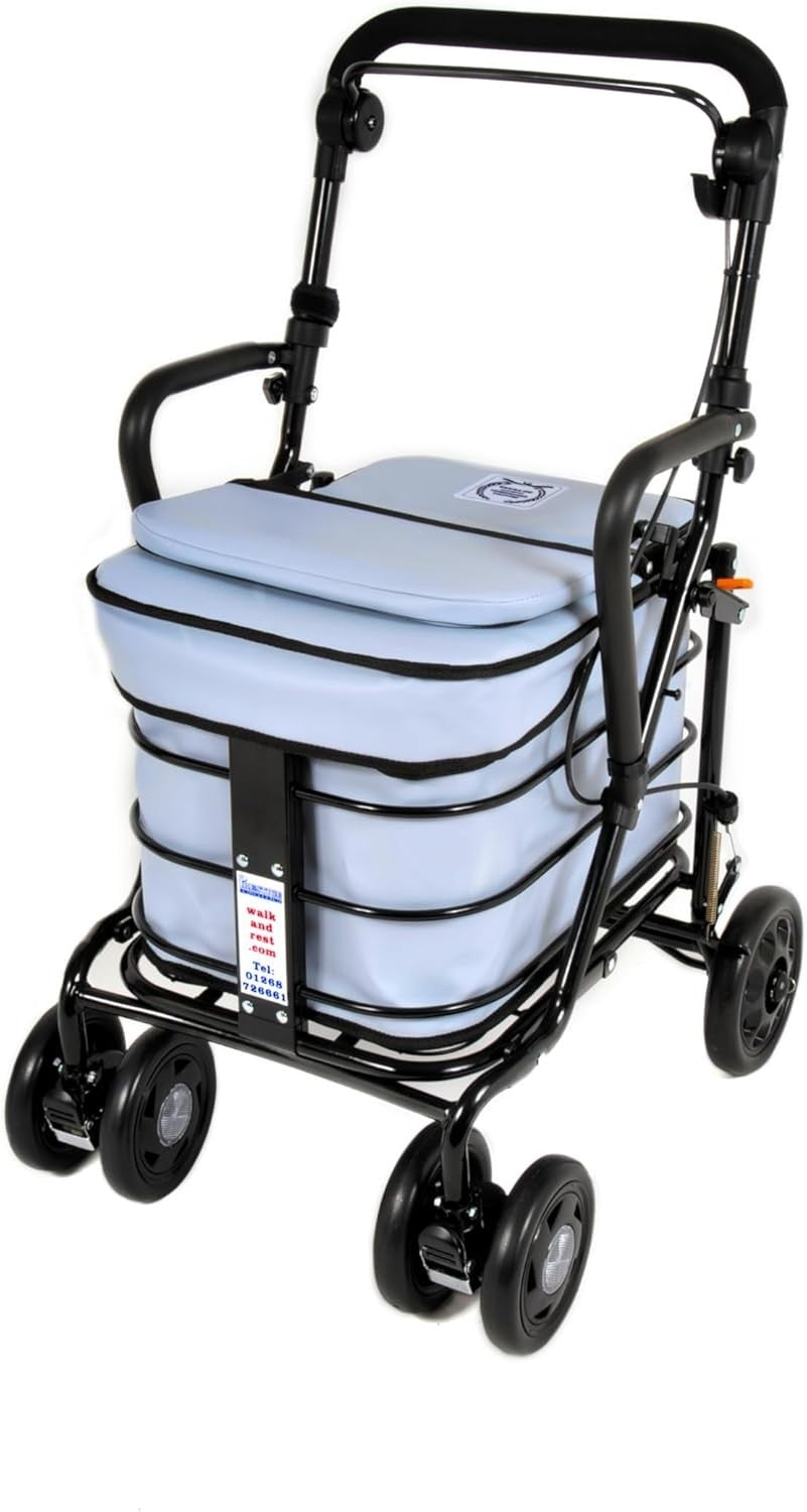 Shopping Trolley With Seat & Armrests | Walking Aid | Locking Brake | Sky Blue