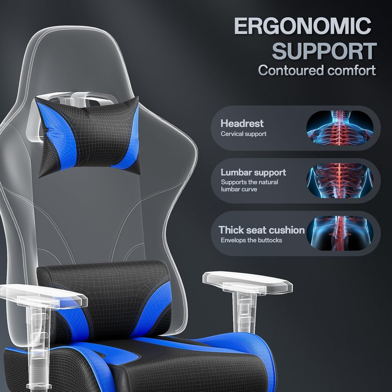 Ergonomic Gaming Chair w/ Footrest 2D Armrests PU Leather Blue
