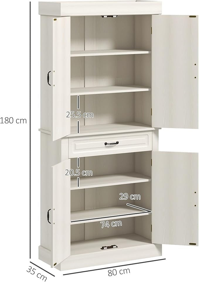 Tall White Kitchen Storage Cabinet with 4 Doors & Drawer, Freestanding Cupboard