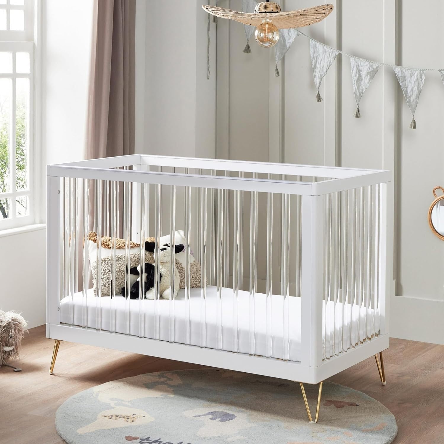 Acrylic Baby Cot Bed Convertible Toddler Bed Adjustable Height Modern Design