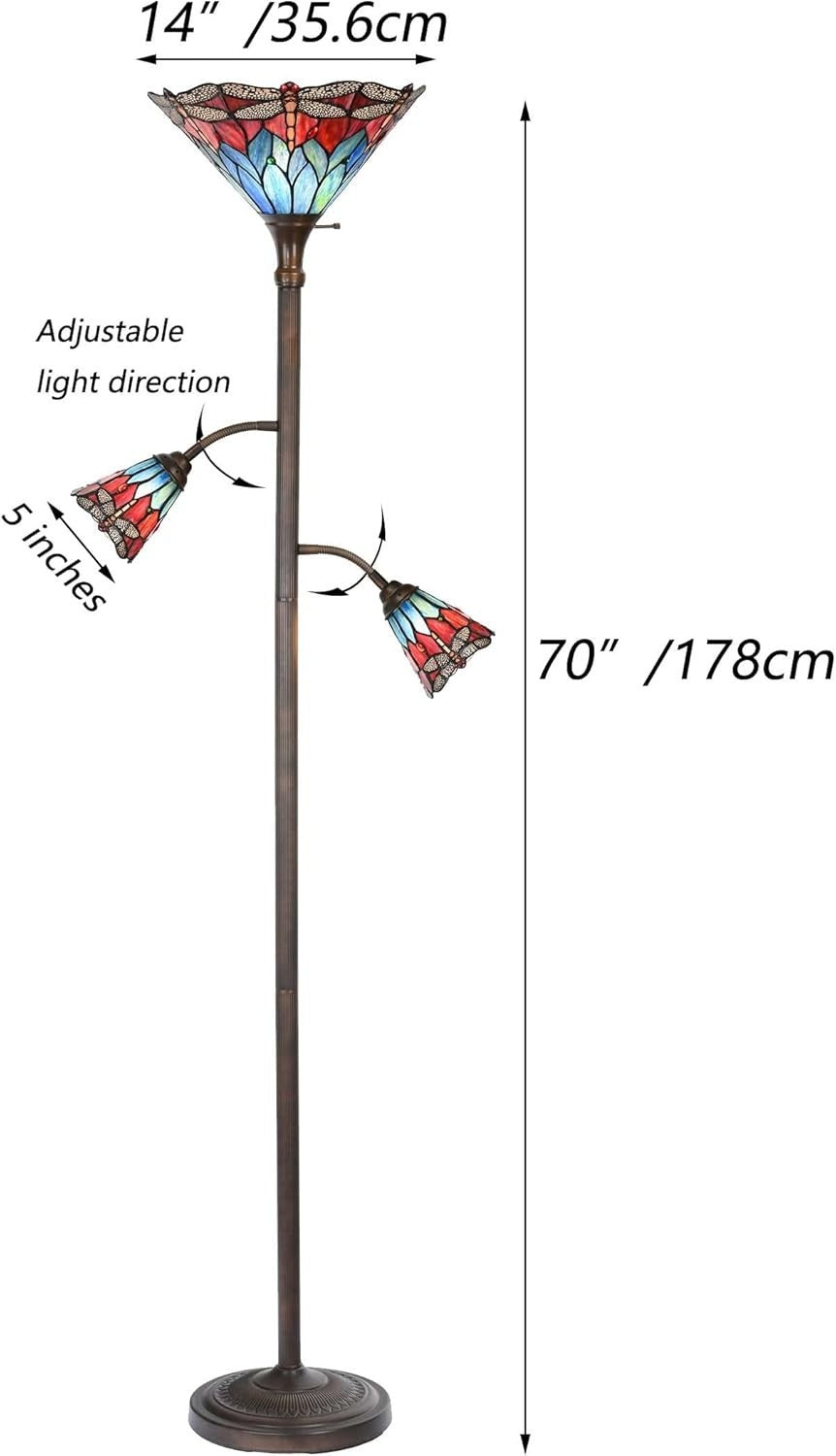 Adjustable 3-Light Stained Glass Floor Lamp, 70" Tall, Reading Light