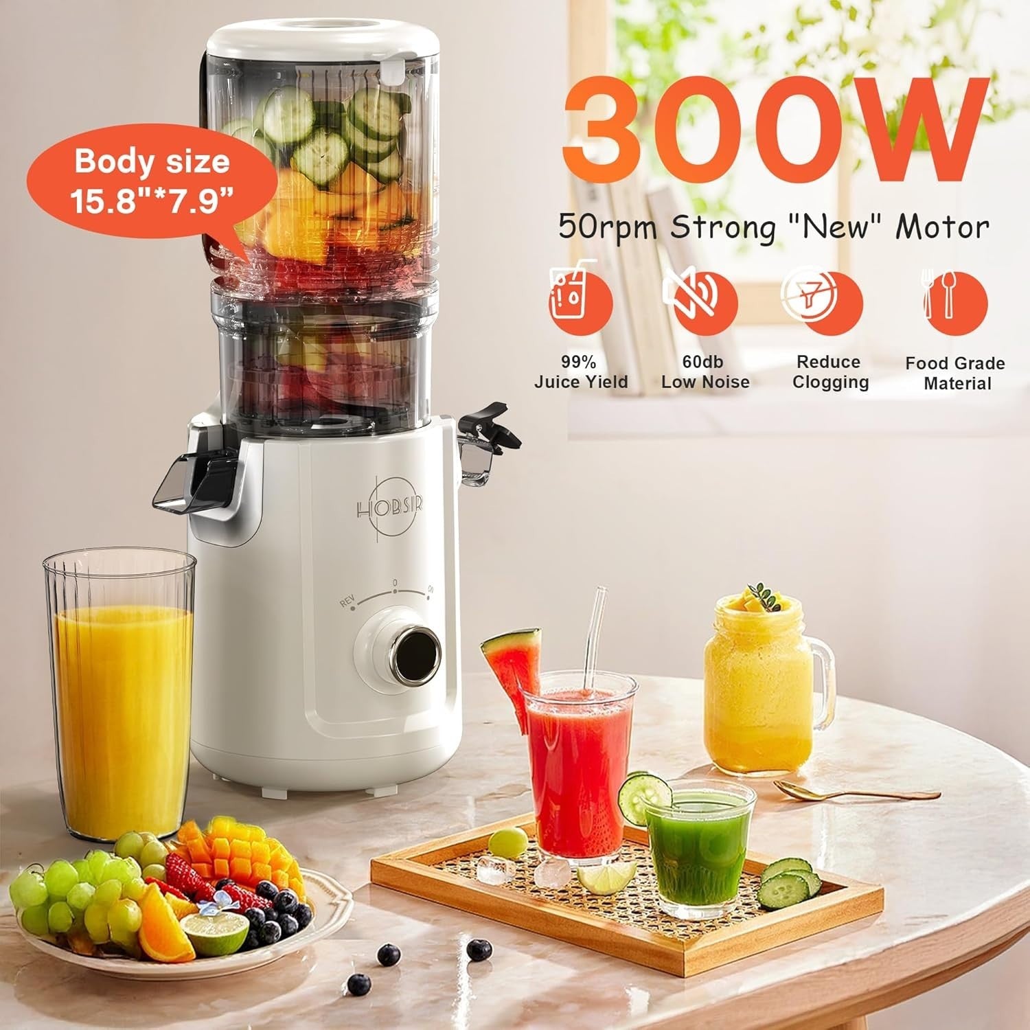 Cold Press Juicer 135mm Whole Fruit Chute Slow Masticating 300W White