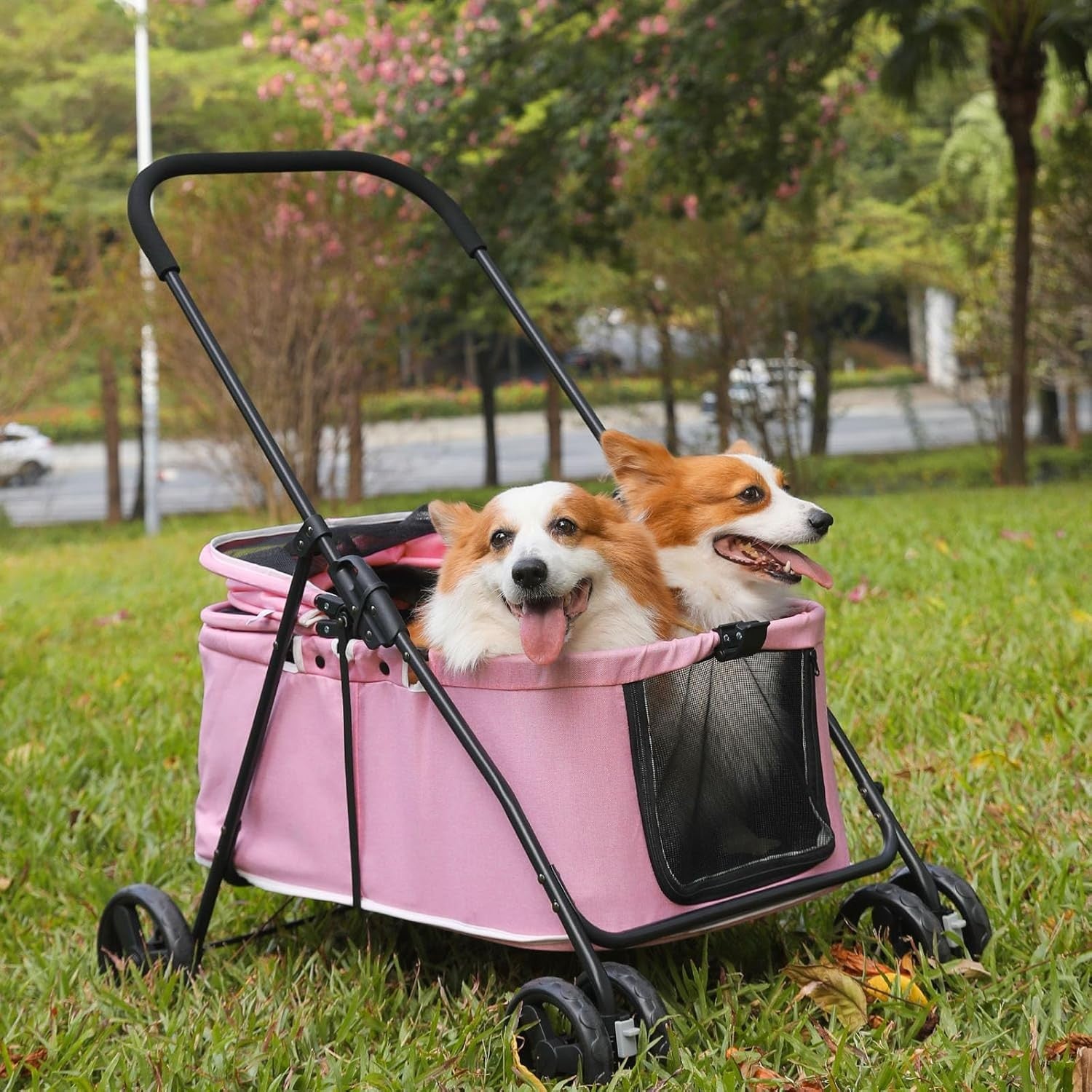 Pink Dog Stroller Heavy Duty 4 Wheel Foldable Jogger Pram Small Medium Dogs
