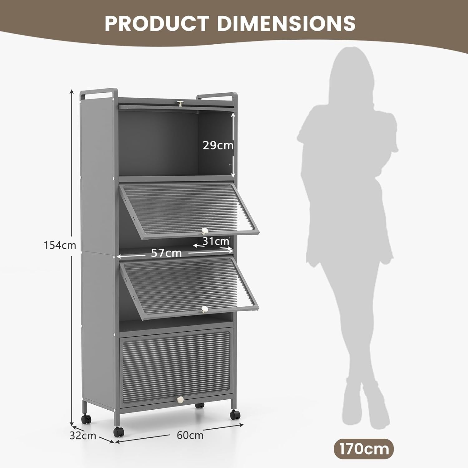60x32x154cm Grey Rolling Kitchen Cabinet 5-Tier Pantry Storage with Wheels