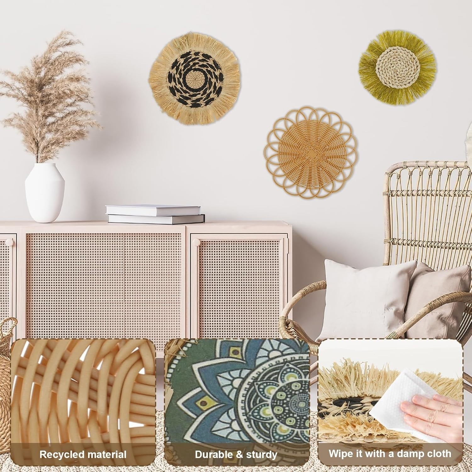 7 Pcs Boho Woven Wall Baskets Handmade Rattan Decor 4 Sizes