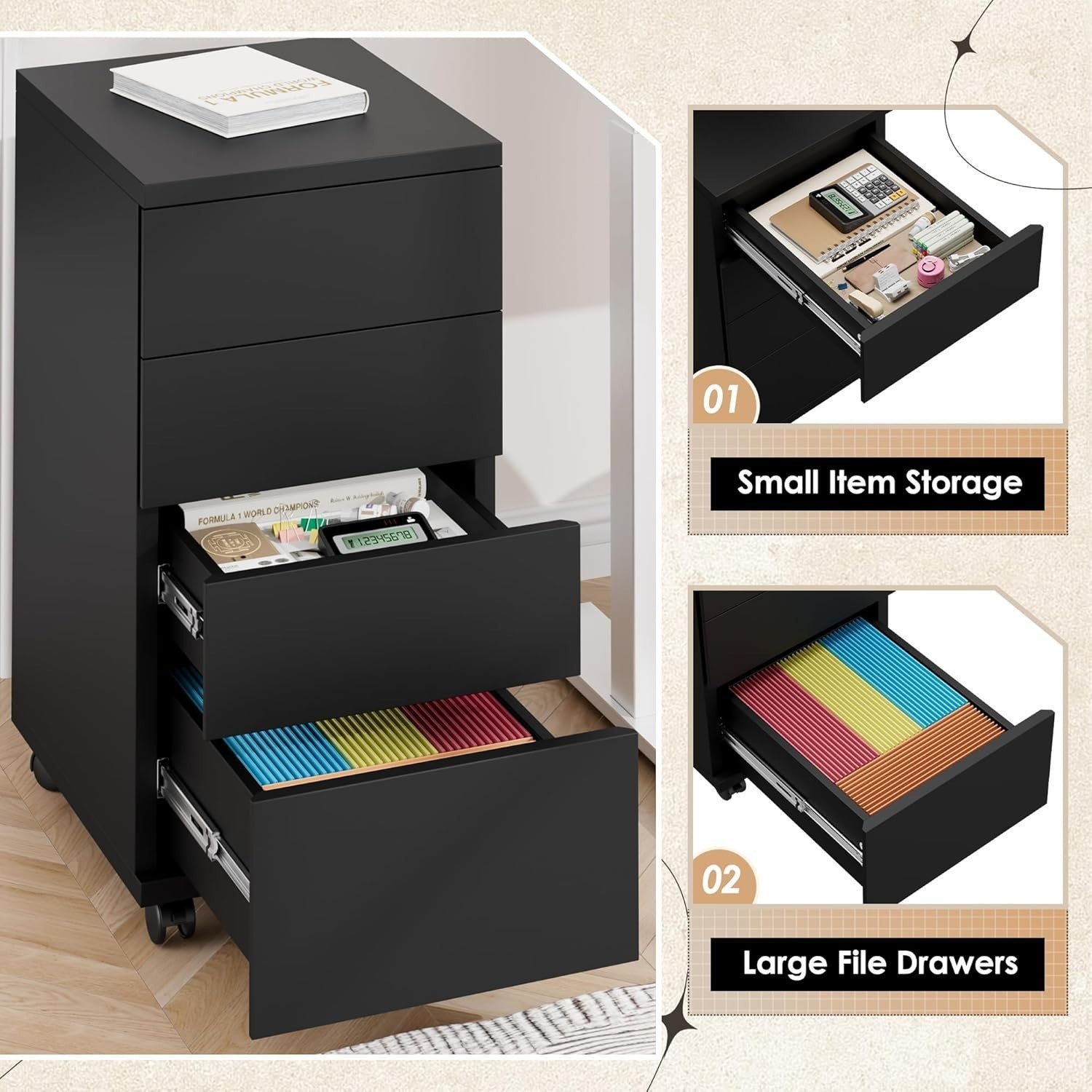 Wide Rolling Drawer Cabinet 4 Drawer Mobile Storage Under Desk Unit
