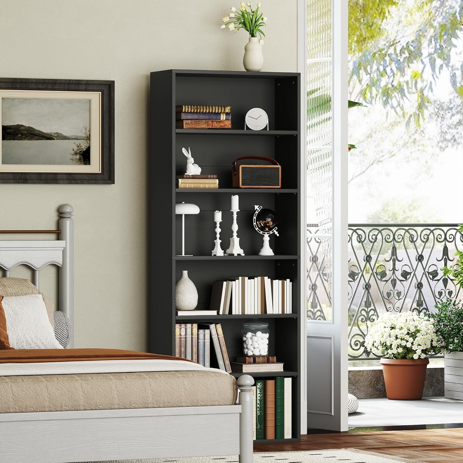 Black 6-Tier Tall Bookcase Adjustable Shelves Modern Narrow Storage Unit