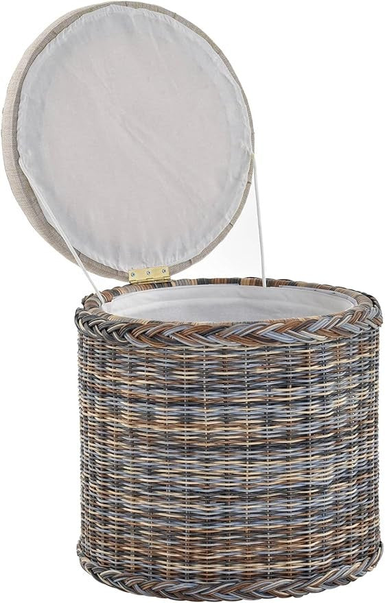 Round Rattan Laundry Basket Seat with Lid 47×47×50cm Multicolor Storage Chest