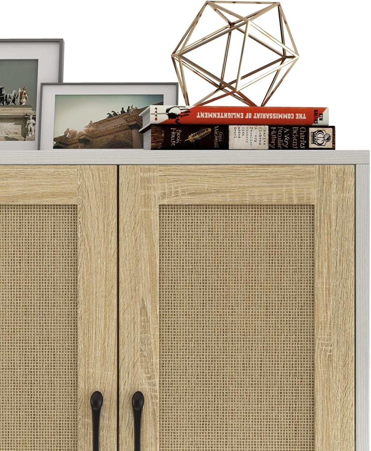 White Buffet Storage Cabinet with Adjustable Shelves Rattan Accent Modern