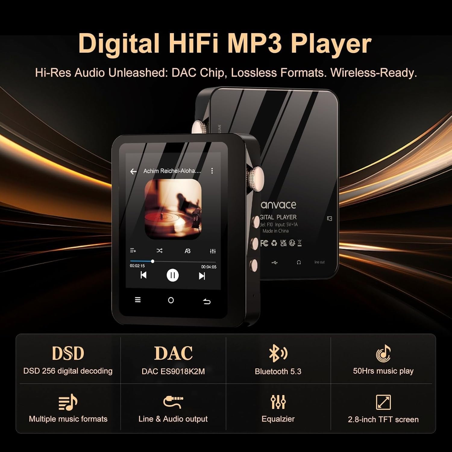 HiFi MP3 Player Bluetooth 5.3 DAC Lossless Audio 64GB Touchscreen Black