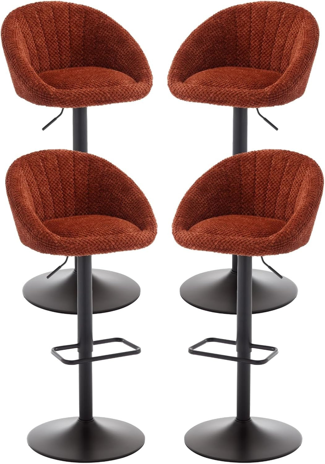 Set of 4 Brown Chenille Bar Stools Adjustable Swivel Counter Chairs