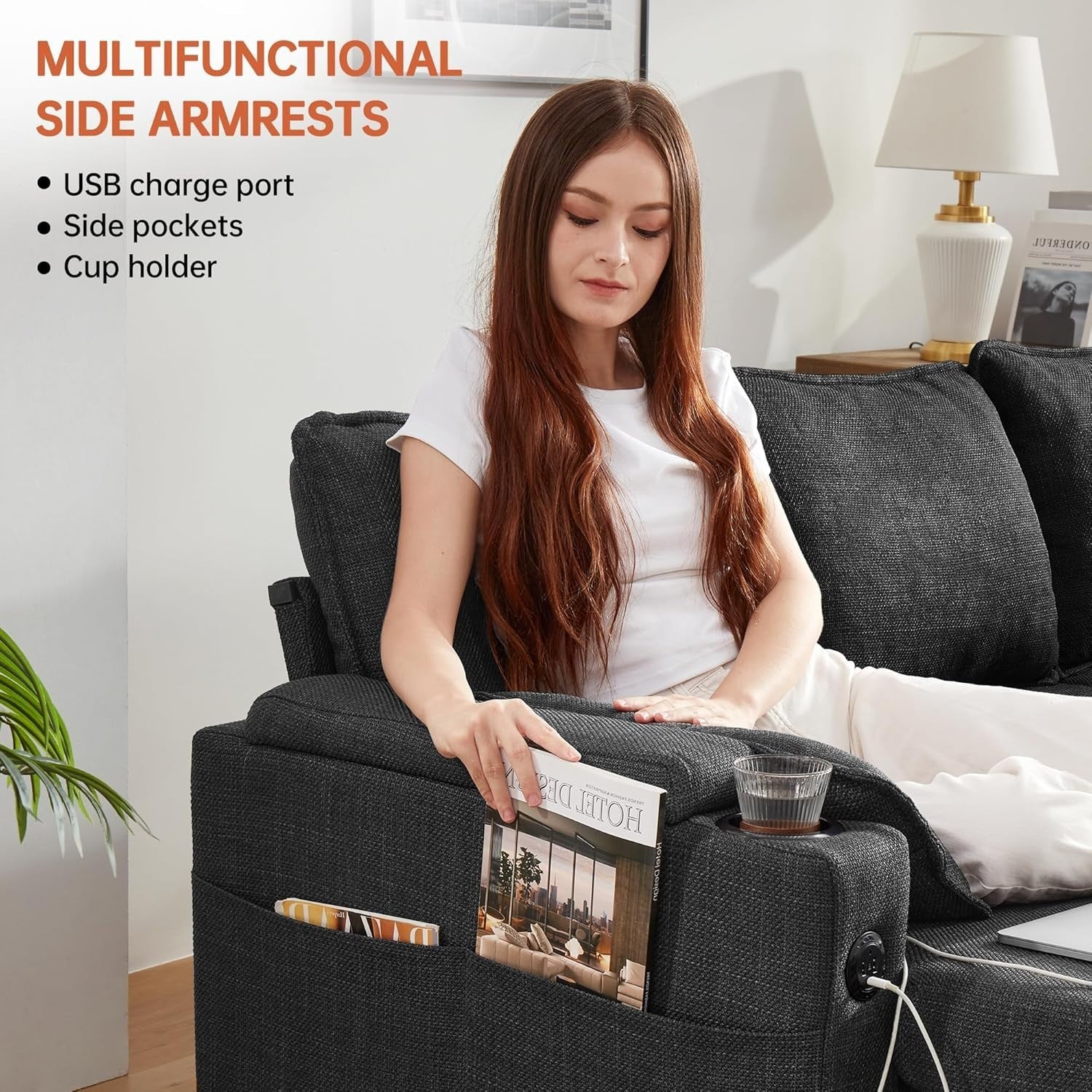 L Shape Sofa Bed Storage Chaise USB Cup Holder Pull Out Couch Grey