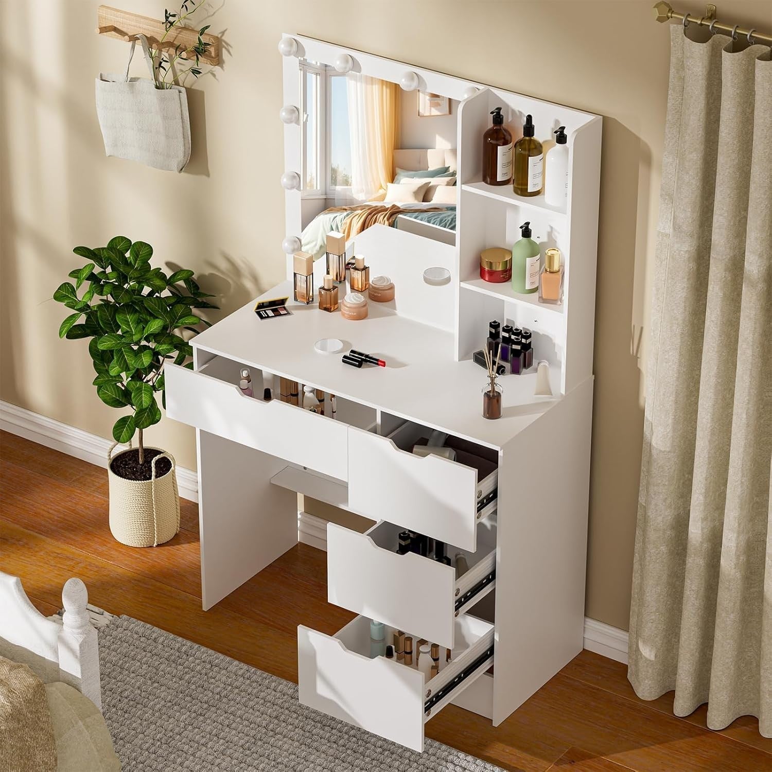 Modern LED Vanity Makeup Dressing Table Desk Mirror Drawers White Bedroom