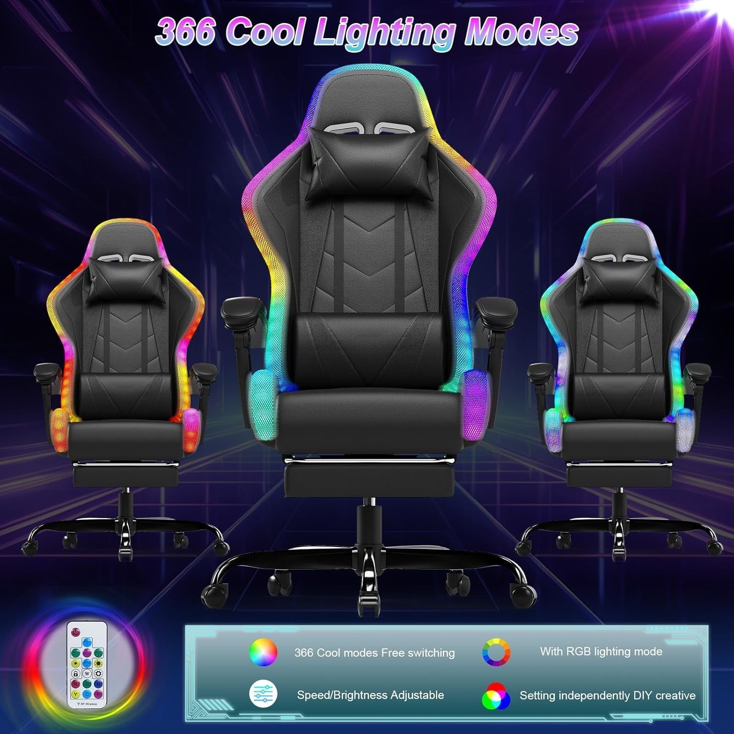 Gaming Chair LED Light RGB Recliner Massage Lumbar Support PU Leather Black