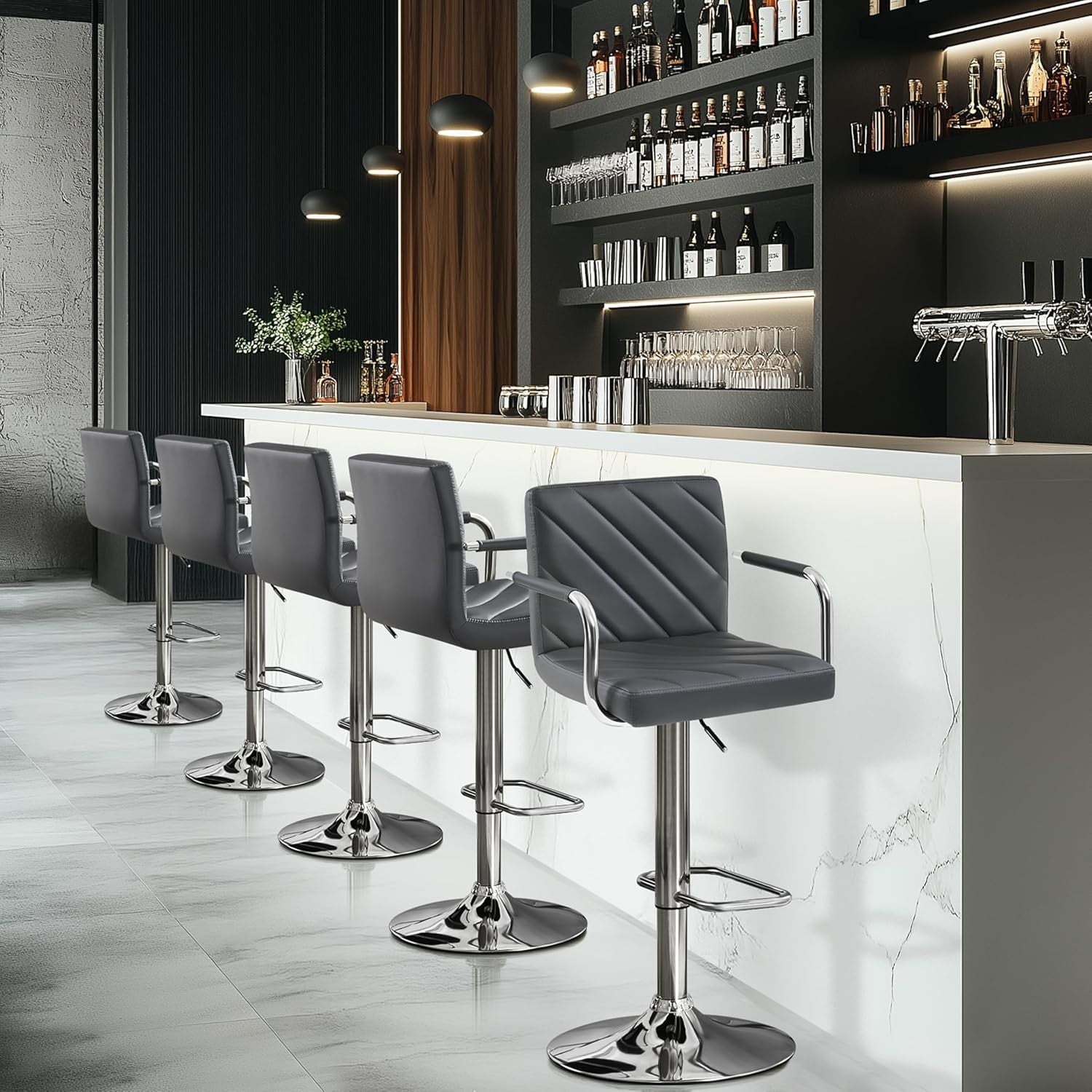 Dark Grey Adjustable Swivel Bar Stools Set of 2 Faux Leather Armchairs