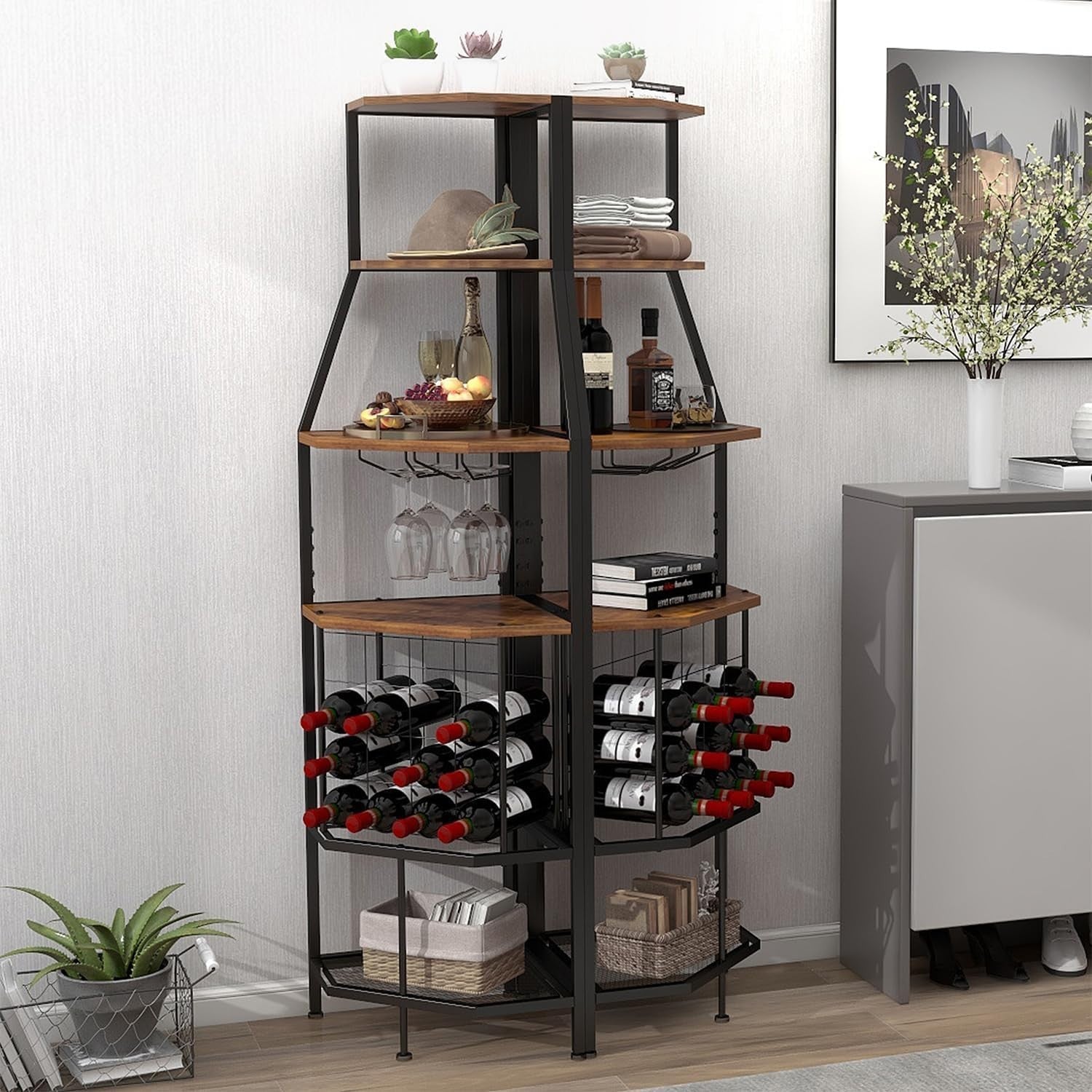 Corner Wine Rack Bar Cabinet with Glass Holder & 5-Tier Display Shelves – Brown