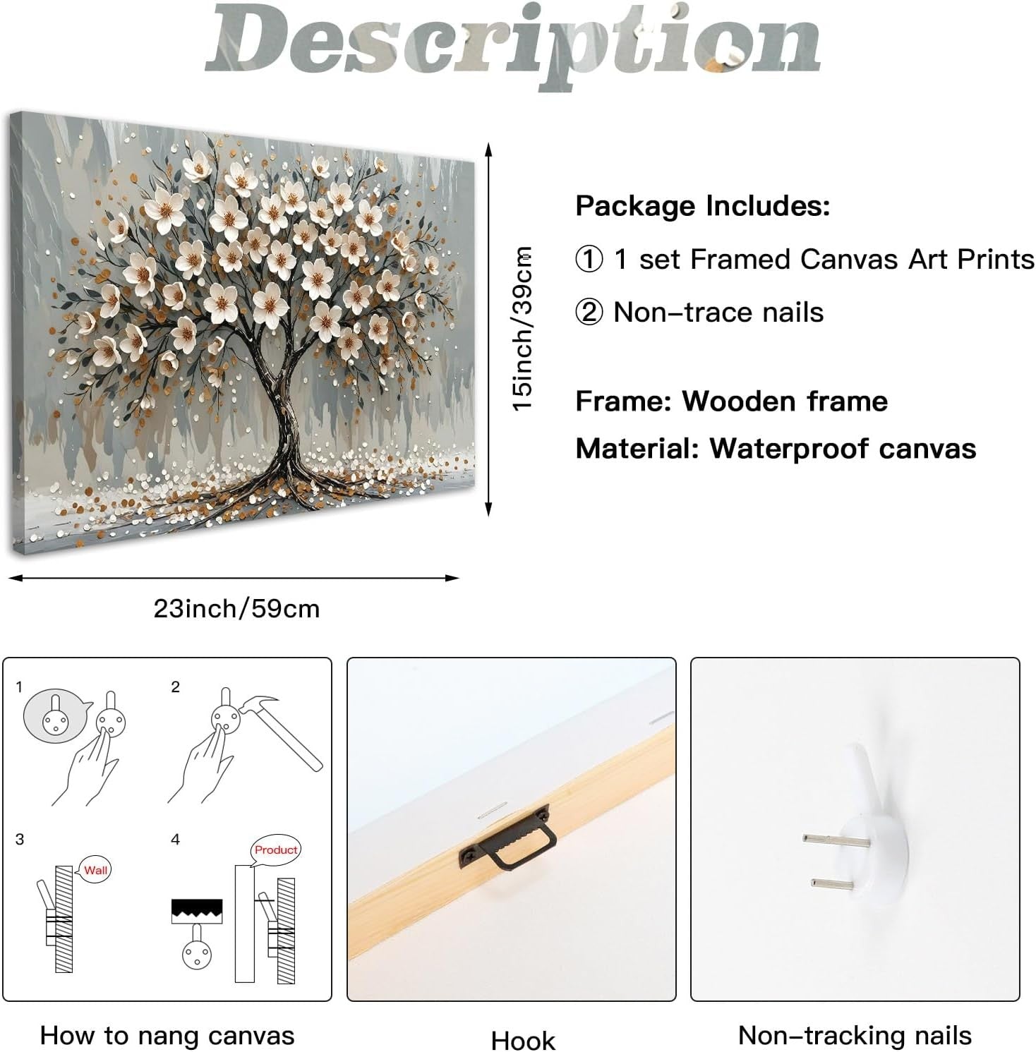 White Floral Tree Canvas Wall Art Framed Modern Living Room Decor 59x39cm