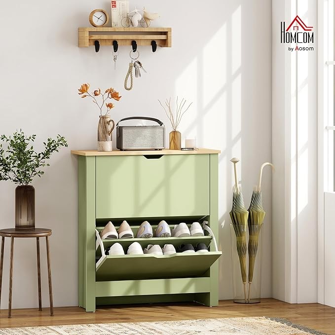 Green Narrow Shoe Cabinet with 2 Flip Drawers, Adjustable Shelves for Hallway