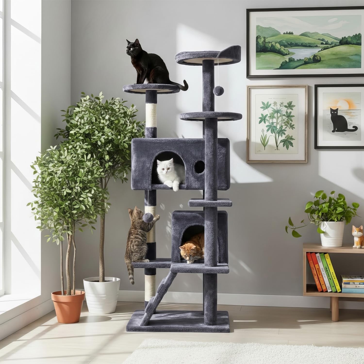 Ashy Grey Cat Tree Tower 139cm Multi Level Condo with Scratching Posts