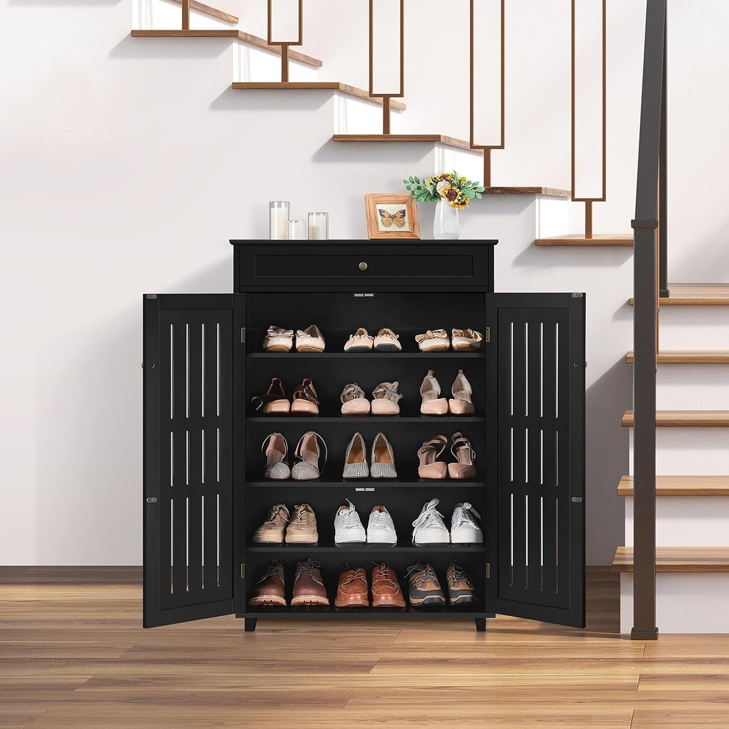 5-Tier Black Shoe Cabinet with Drawer – Modern Storage Unit, Adjustable Shelves