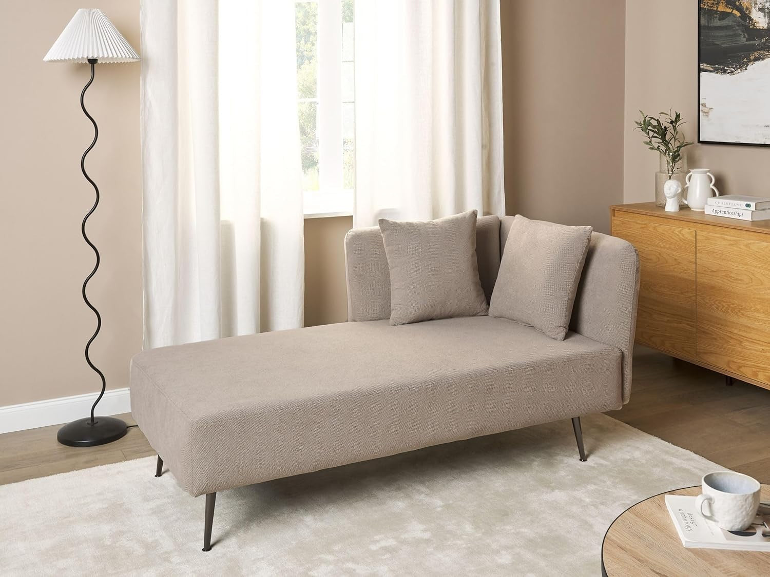 Beige Fabric Chaise Lounge Sofa | Right Hand, Cushions, Metal Legs, 77cm Deep