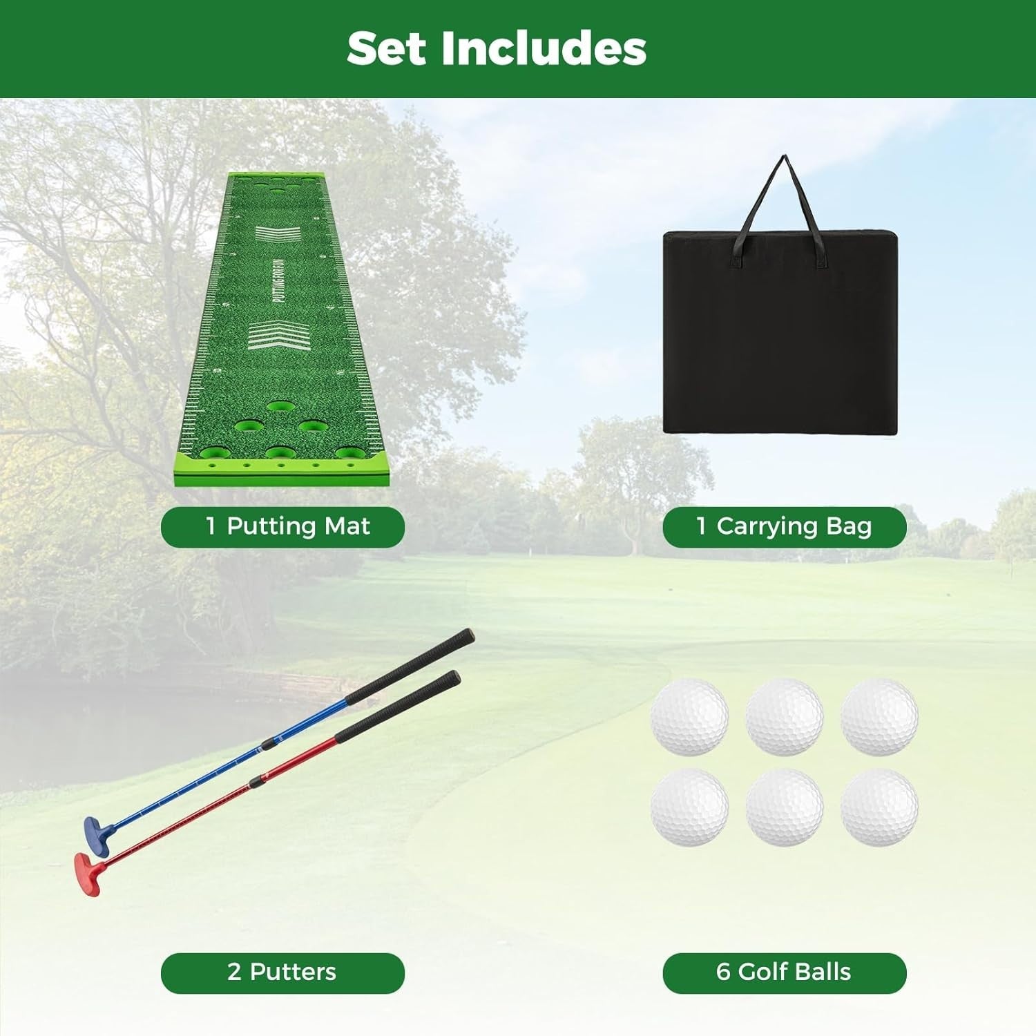Indoor Golf Putting Green 11FT Practice Mat Set w/ Putters Balls Holes